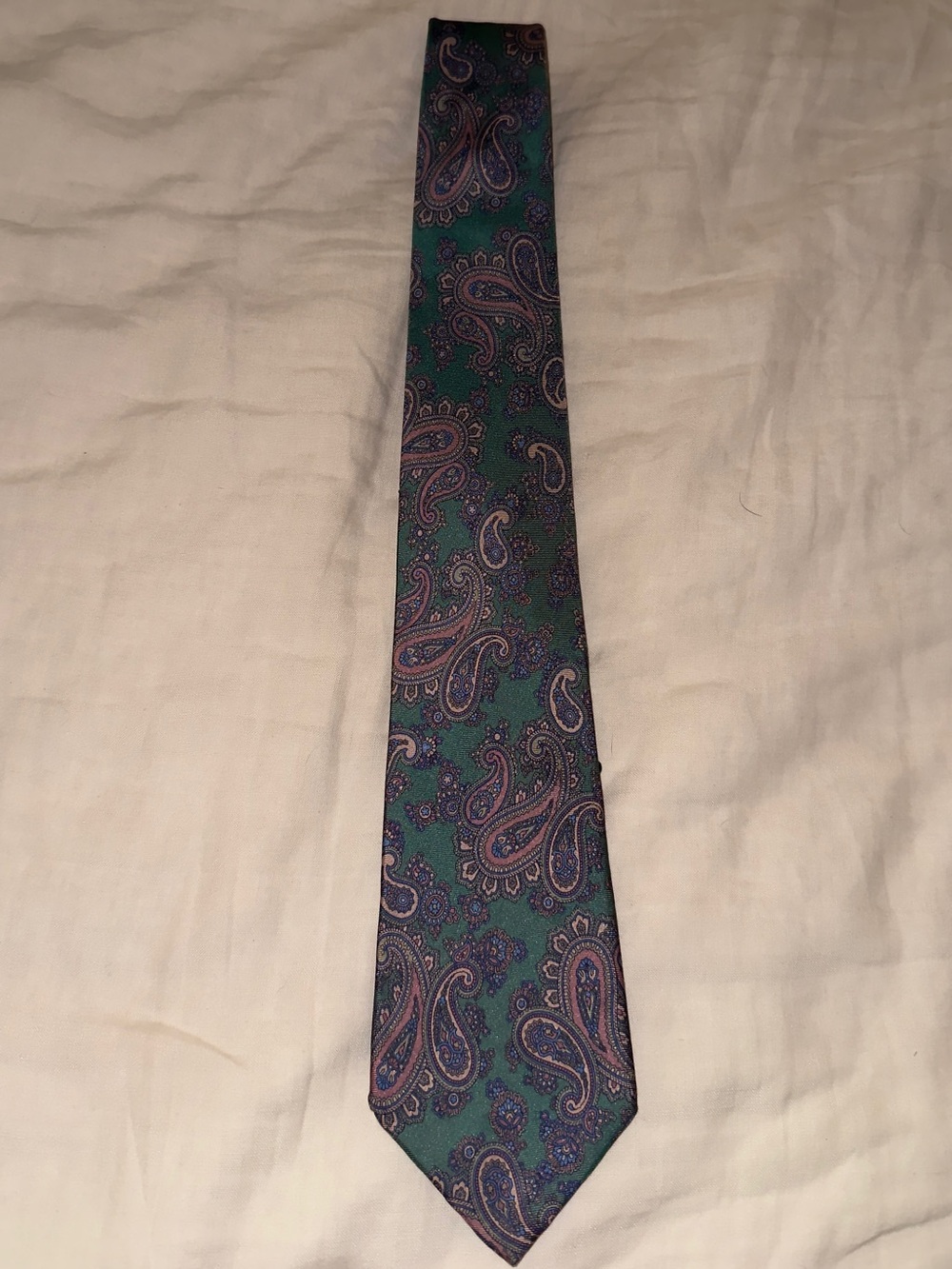 Van Heusen Green Paisley Silk Tie with Purple Accents